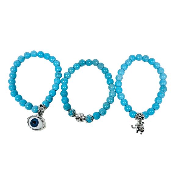 Turquoise Evil Eye Triple Bracelet Charms Elephant Cross Silver Tone Jewelry New - Picture 2 of 5